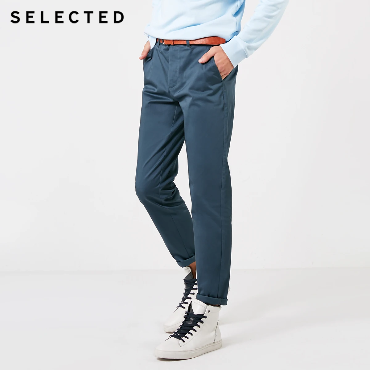 Отборные мужские облегающие брюки из смесового хлопка с легким стрейчевым рисунком чистого цвета S | 419114546