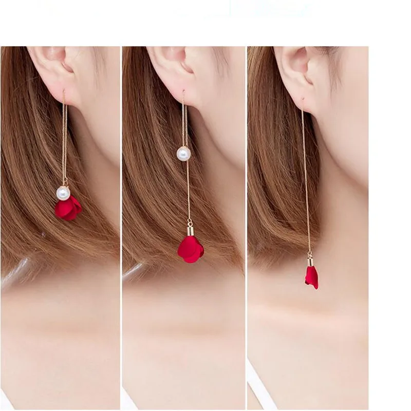 

Korean version of the new pearl ear line long flower tassel pendant temperament simple female earrings