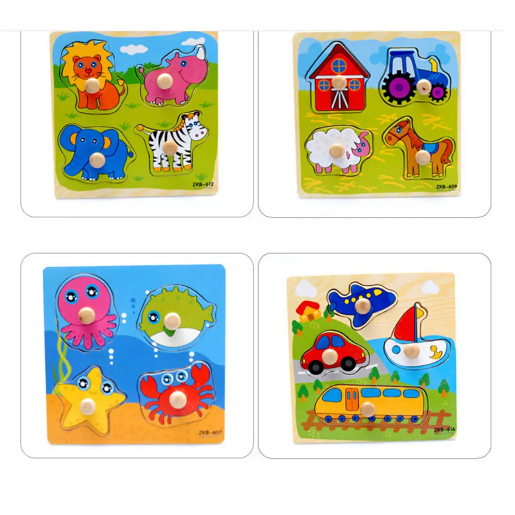 

1pc Wooden Puzzles For Children Educational Toys Animals Cartoon Grab Knob Puzzles Toy