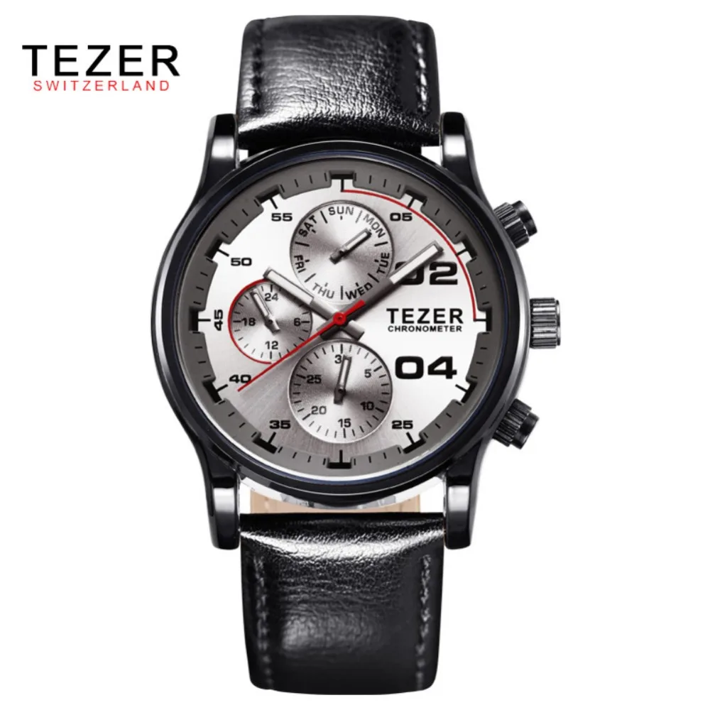 2016 TEZER Luxury Brand Men Watches Male Fashion Casual Quartz Watch Leather Strap Men Sports Wristwatch