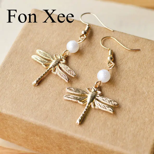 Fon Xee Elegant Jewelry Dragonfly Earrings Gold Color Minimalistic Fon Xee Elegant Jewelry Dragonfly Earrings Gold Color Minimalistic Simulated Pearl Drop Party Gifts