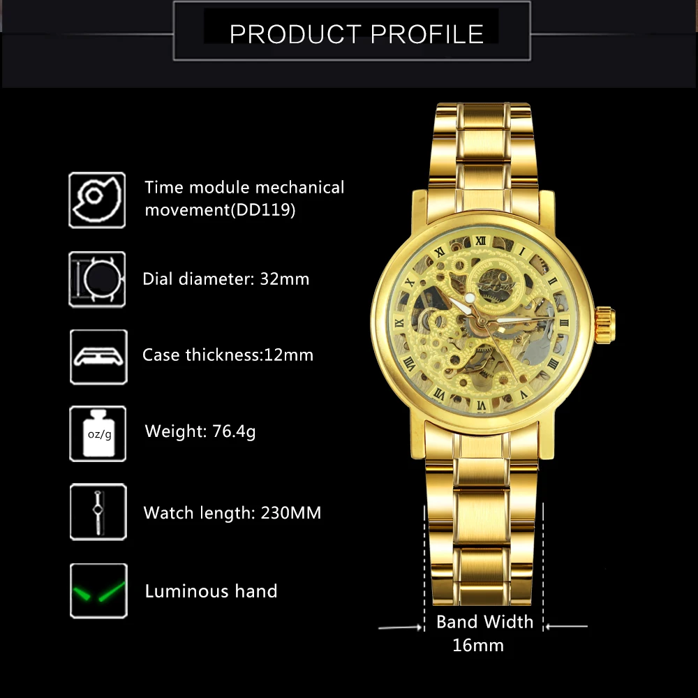 WINNER золотые роскошные женские часы полностью из нержавеющей стали автоматические механические наручные часы римские цифры Женские часы
