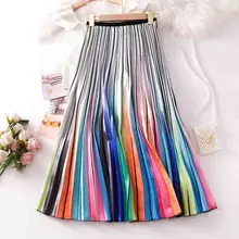 Европейский стиль новые женские юбки летние радужные цвета сочетающиеся повседневные трапециевидные модная плиссированная юбка высокая талия длинная юбка