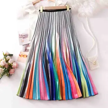 

2019 Europen style New Women Skirts Summer Rainbow Color Matching Casual A-line Pleated skirt Fashion High waist Long skirt