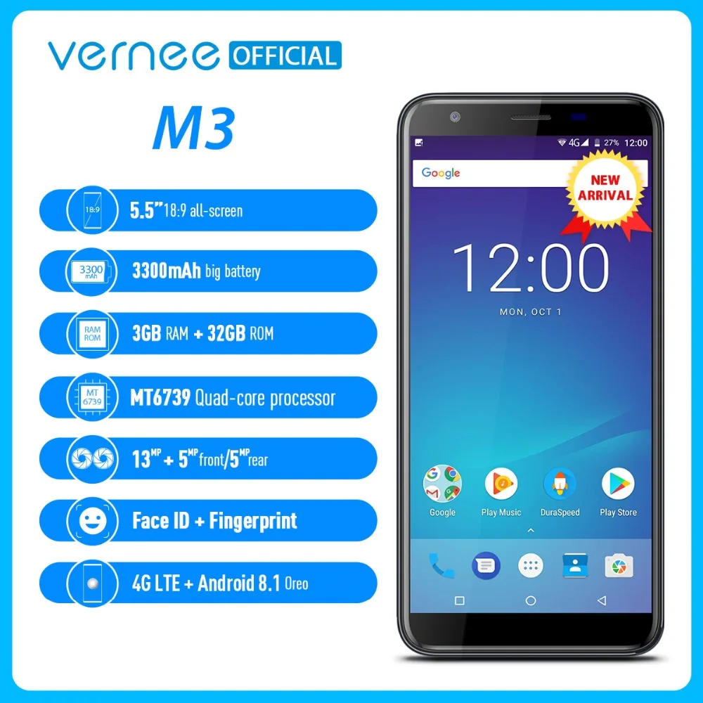 Vernee M3 мобильный телефон 5 дюймов Face ID Android 8 1 4 ядра MTK6739 3GB RAM 32GB ROM 13MP 3300 мАч г LTE
