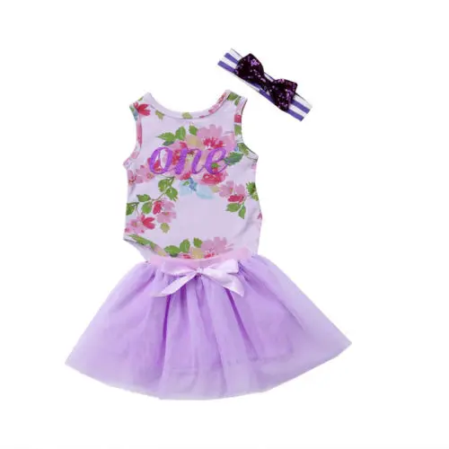 

Newborn Baby Girl Floral Tops Romper Bodysuit + Tulle Party Tutu Skirt Headbands 3Pcs Outfits Clothes