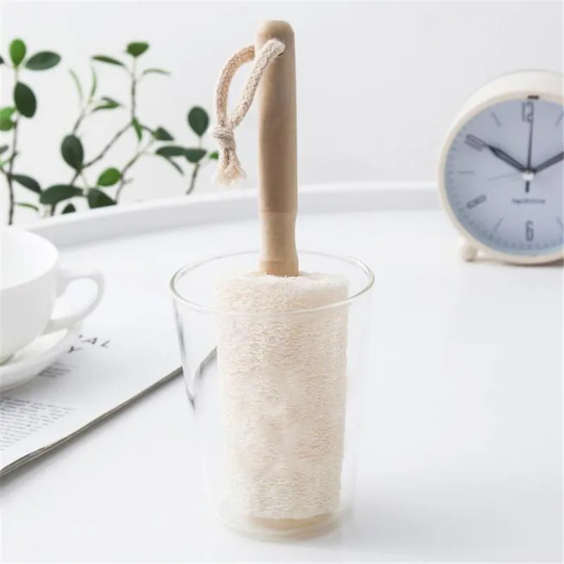 Household Cleaning Brushes Long Wooden Handle Loofah Brush Household Tea Cup Brush Simple Practical Tool Home Cleaning Utensil