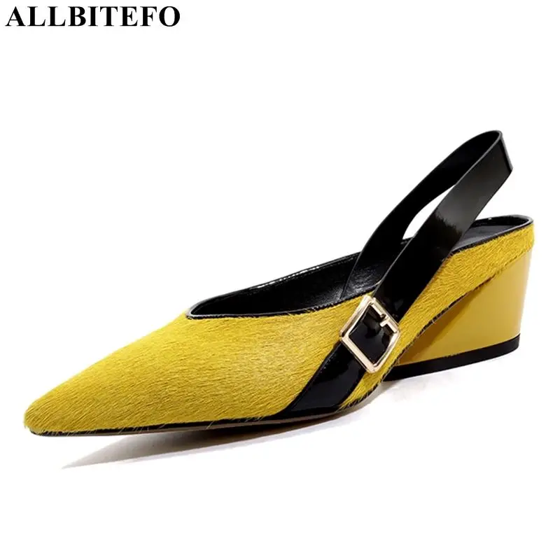 

ALLBITEFO genuine leather+Horse hair sexy high heels women slides mixed colors women high heel shoes women heels girls Slipper s