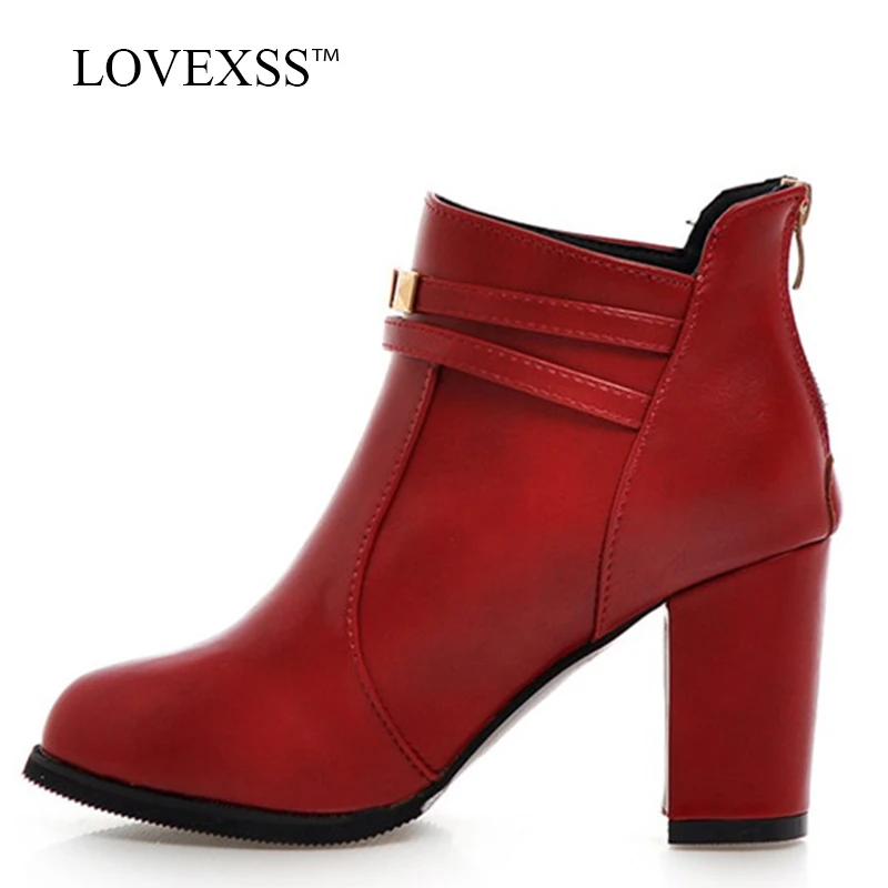 

LOVEXSS Woman Autumn Winter Rivet Ankle Boots Plus Size 33 43 Red High Heeled Shoes Black Fashion Metal Decoration Martin Boots