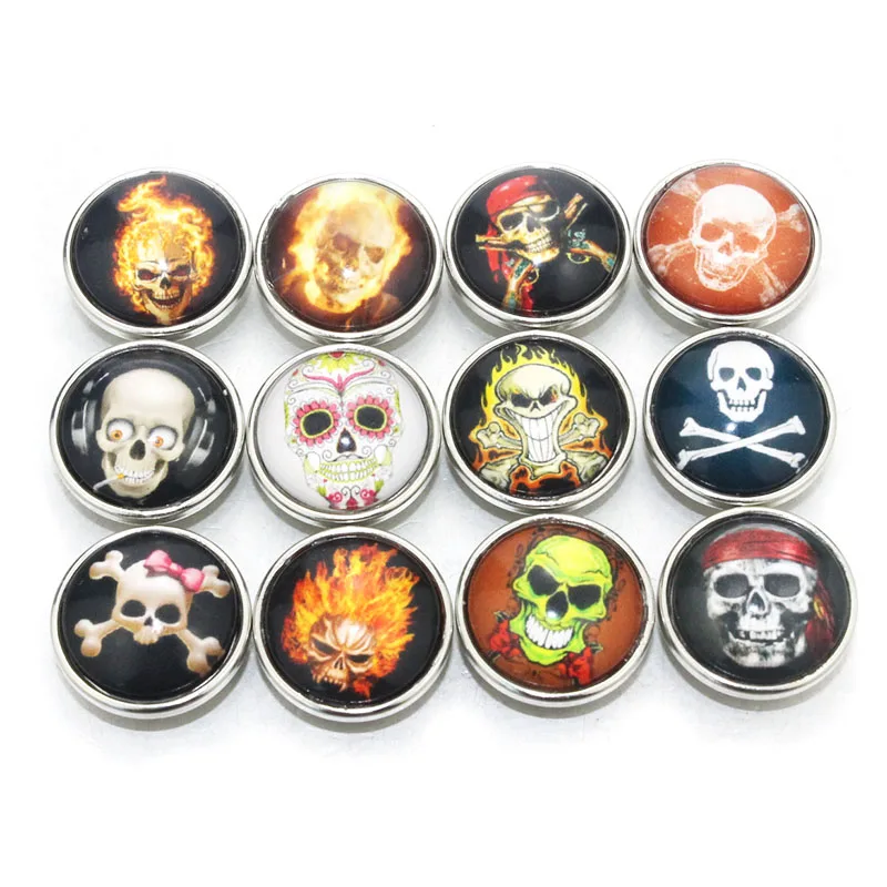10 PCS/lot Mix Skeleton Skull head Snap Jewelry 18MM Snap Glass Buttons Vintage Snap Buttons