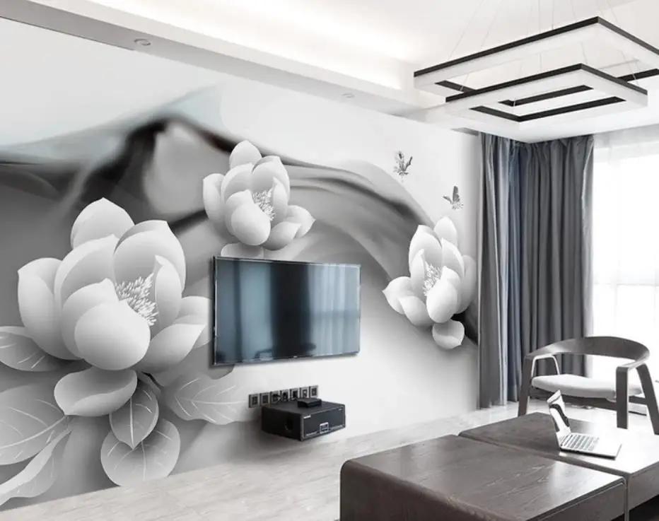 High quality custom 3d curtain fabric Black and white ink lotus butterfly simple 3d TV background wall High quality custom 3d curtain fabric Black and white ink lotus butterfly simple 3d TV background wall