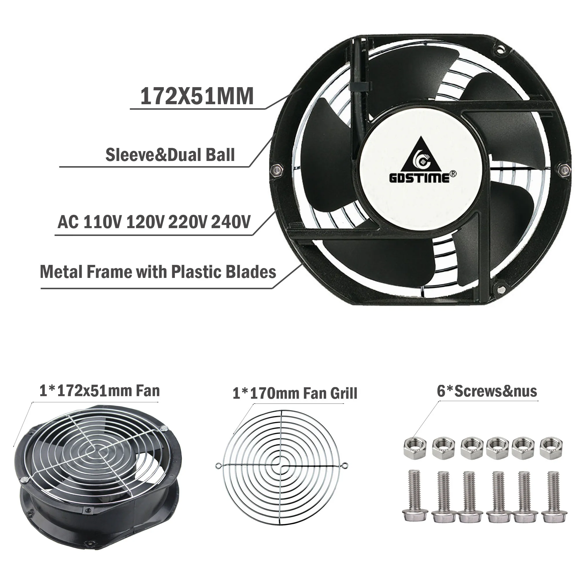 Ventilador de Refrigeração de Bola com Rede Protetora 170 mm 172 mm 172x51 mm 172x25 mm 12v 24v 48v 110v 120v 220v 240v Axial Indústria - Imagem 5
