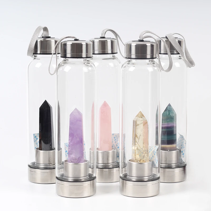 Online Nuevo producto todo tipo de piedras preciosas de cuarzo Natural cristal Elixir botella de agua punto con cristal varita de curación botella de Bambú
