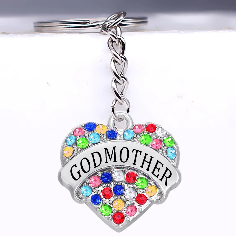 

New Fashion Colorful Rhinestone Inlay GODMOTHER Heart Shaped Metal Pendant Keychain for Personalized Gift Jewelry Key Chain