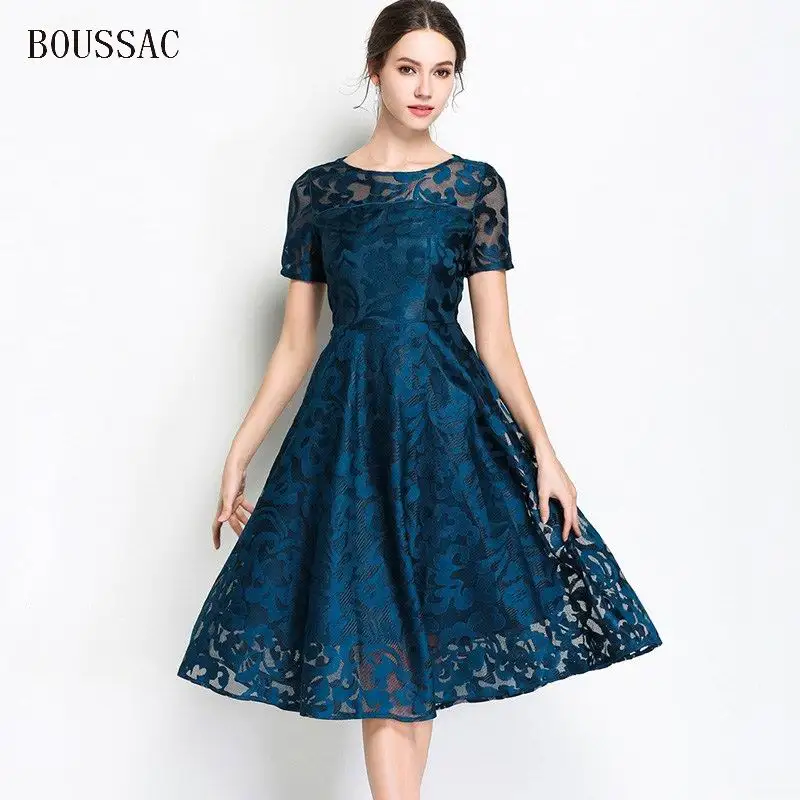 

Plus Size S-5XL Summer Lace Dress Work Casual Slim Fashion O-neck Sexy Hollow Out Dresses Women A-line Vintage Vestidos