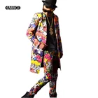 New Men hip hop Suits Long blazer Jacket Formal Dress Men Graffiti Suit Set men stage nightclub costume suit set K595