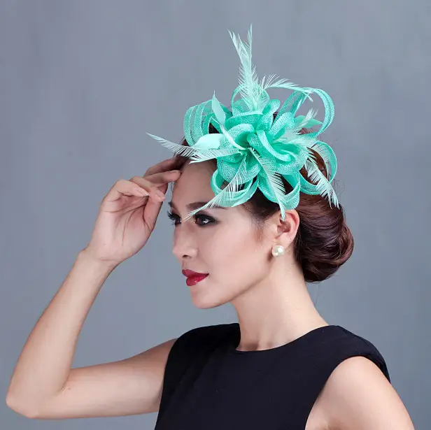 Women Teal Loop Sinamay Hair Fascinators With Feathers Hair Clip