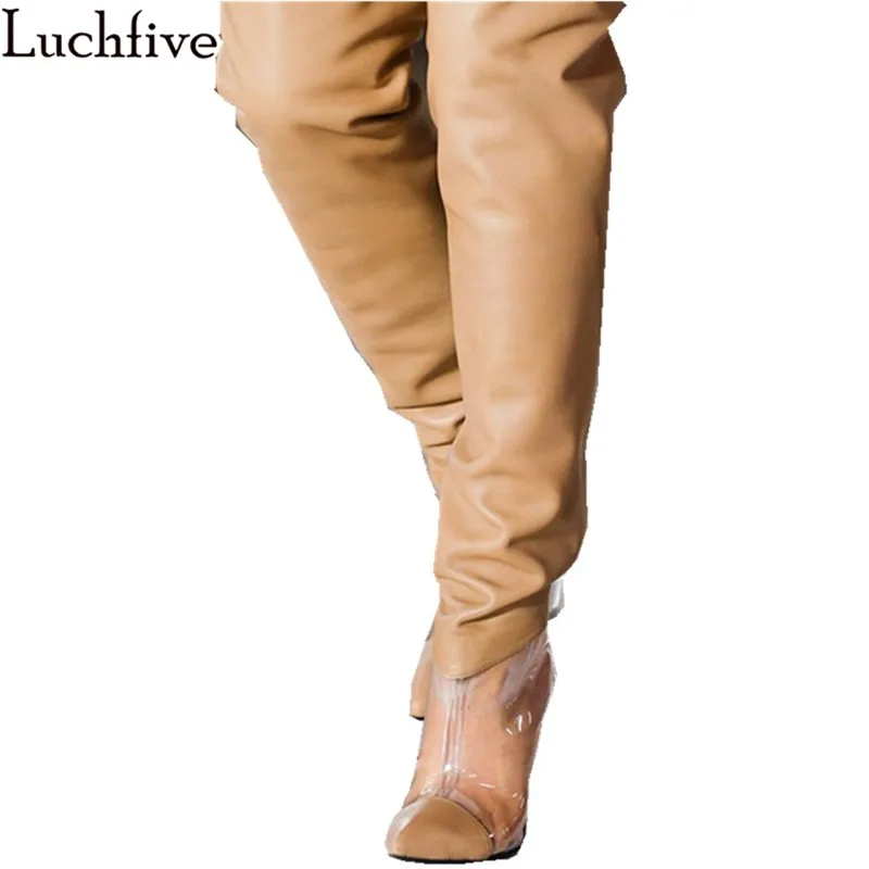 

Luchfive 2019 Newest Thigh High Boots For Women T-Show Runway Clear Microfiber Patchwork Back Zipper Silver Solid High Heels