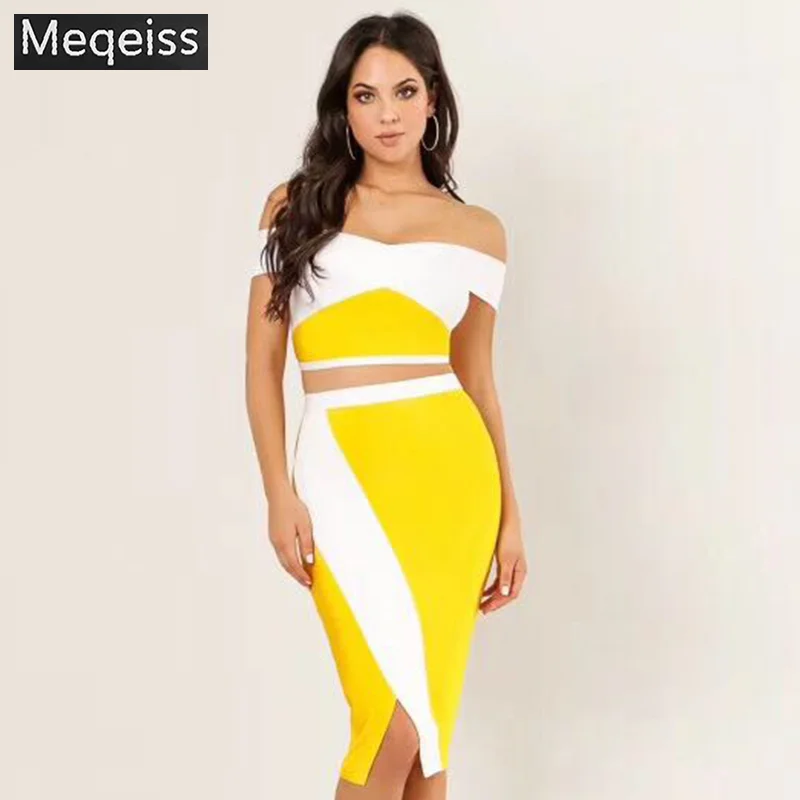 

2019 New Summer Bodycon Women Bandage Set Dress Two 2 Pieces Set Top&Skirts Off Shoulder Vestidos Evening Party Club Dress