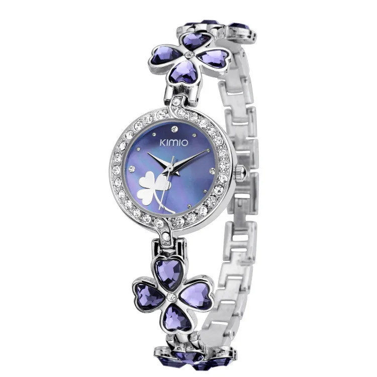 Изысканные серебряные женские часы Kimio с кристаллами клевера, женские часы из нержавеющей стали, женские наручные часы Montre Femme - Цвет: Фиолетовый
