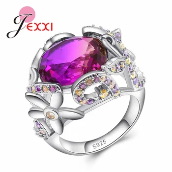 

Sweet Fushia Flower Cubic Zircon Promise Rings for Women Wedding Party Real 925 Sterling Silver Jewelry High Quality