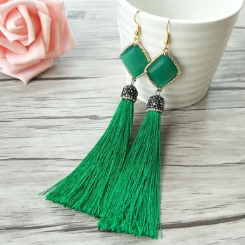 

4 pairs rhombus opal stone Connector Double Bails with Boho Rhinestone Stone Tassel Earrings,Dangle Charm Jewelry Earrings ER273