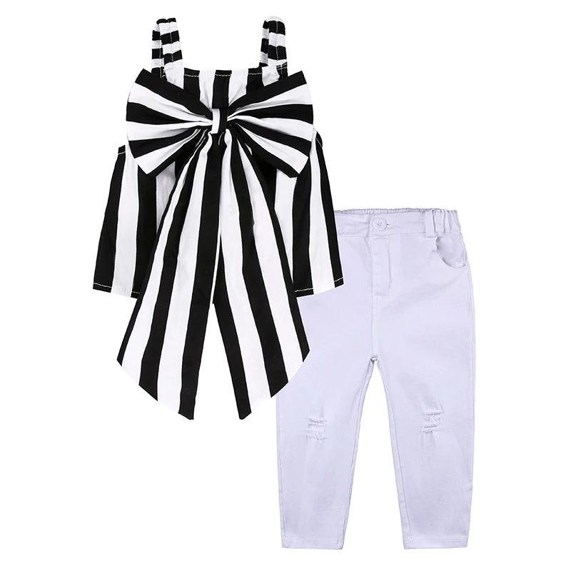 Коллекция года, модный костюм для девочек топы в полоску+ штаны комплект из 2 предметов, без бретелек, детские белые штаны с бантом комплект одежды для девочек, DTZ346