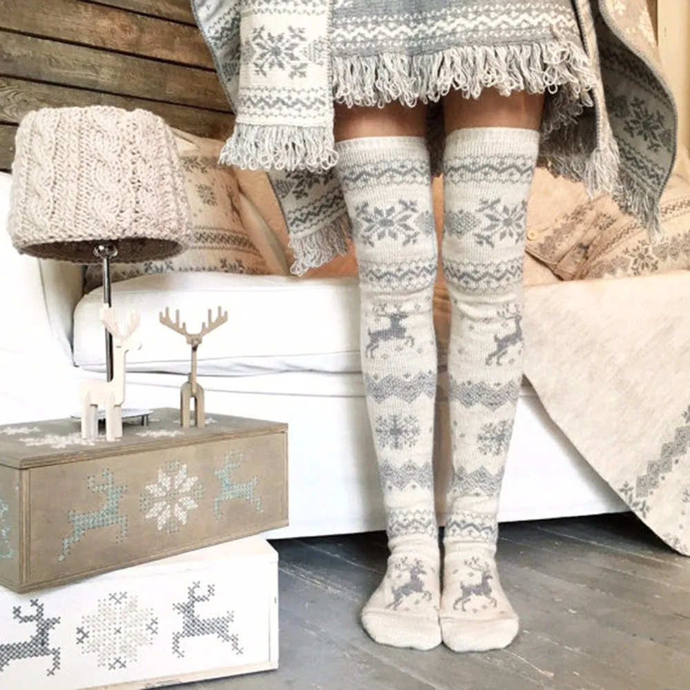 JAYCOSIN женские рождественские носки в виде снежинок и лося, высокие чулки, Теплые Зимние Вязаные гольфы, рождественские вязаные шерстяные носки