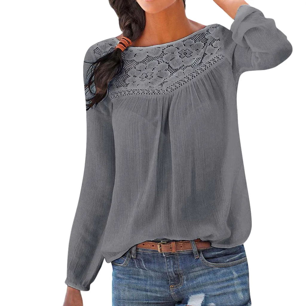 Кружевная Лоскутная рубашка, женские повседневные топы с длинным рукавом, блузка, одноцветная, большой размер, женские свободные топы, женская рубашка/PT