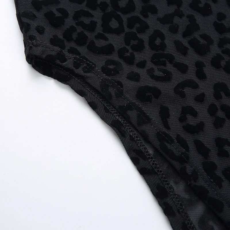 Waatfaak O Neck Skinny Lace Bodysuit Sexy Transparent Mesh Cheetah Print Long Sleeve Lace Bodysuits Women Streetwear Black Body
