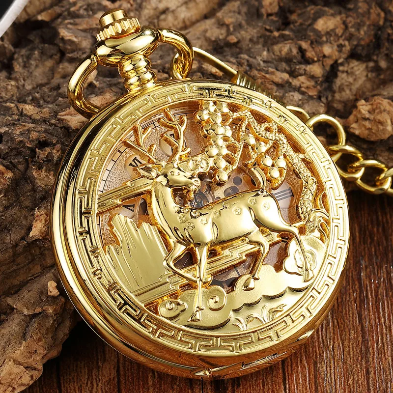 Роскошный Золотой цветок олень резьба дизайн Механические карманные часы брелок поясная цепь полый стимпанк Скелет ручной Ветер Мужские часы