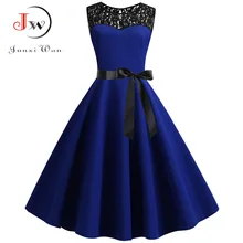 Vestido de verano azul de retazos de encaje para mujer 2019 elegante vestido de fiesta Vintage vestido Casual de oficina para mujer vestido de talla grande