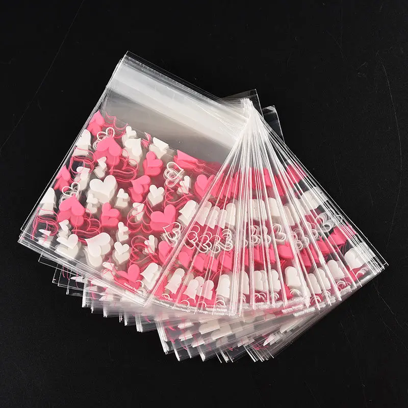 100pices Cute Pink Candy Bags Plastic Transparent Cellophane Cookie