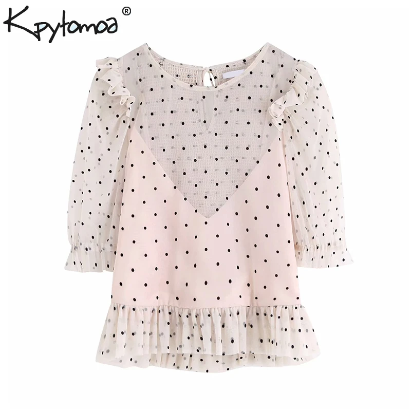 

Vintage Sexy Polka Dot Ruffled Mesh Short Tops Women Blouses 2019 Fashion Back Bow Tie See Through Shirts Casual Blusas Mujer