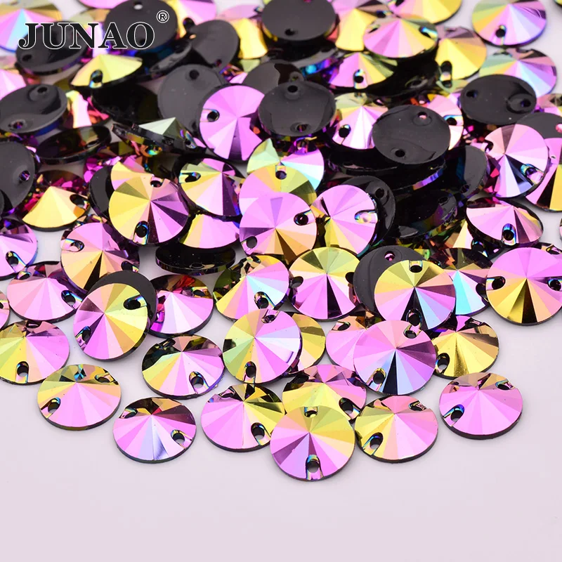 

JUNAO 10 12 16 18mm Sew On Pink AB Rivoli Rhinestone Applique Sewing Resin Crystal Stones Flatback Round Strass for Dress