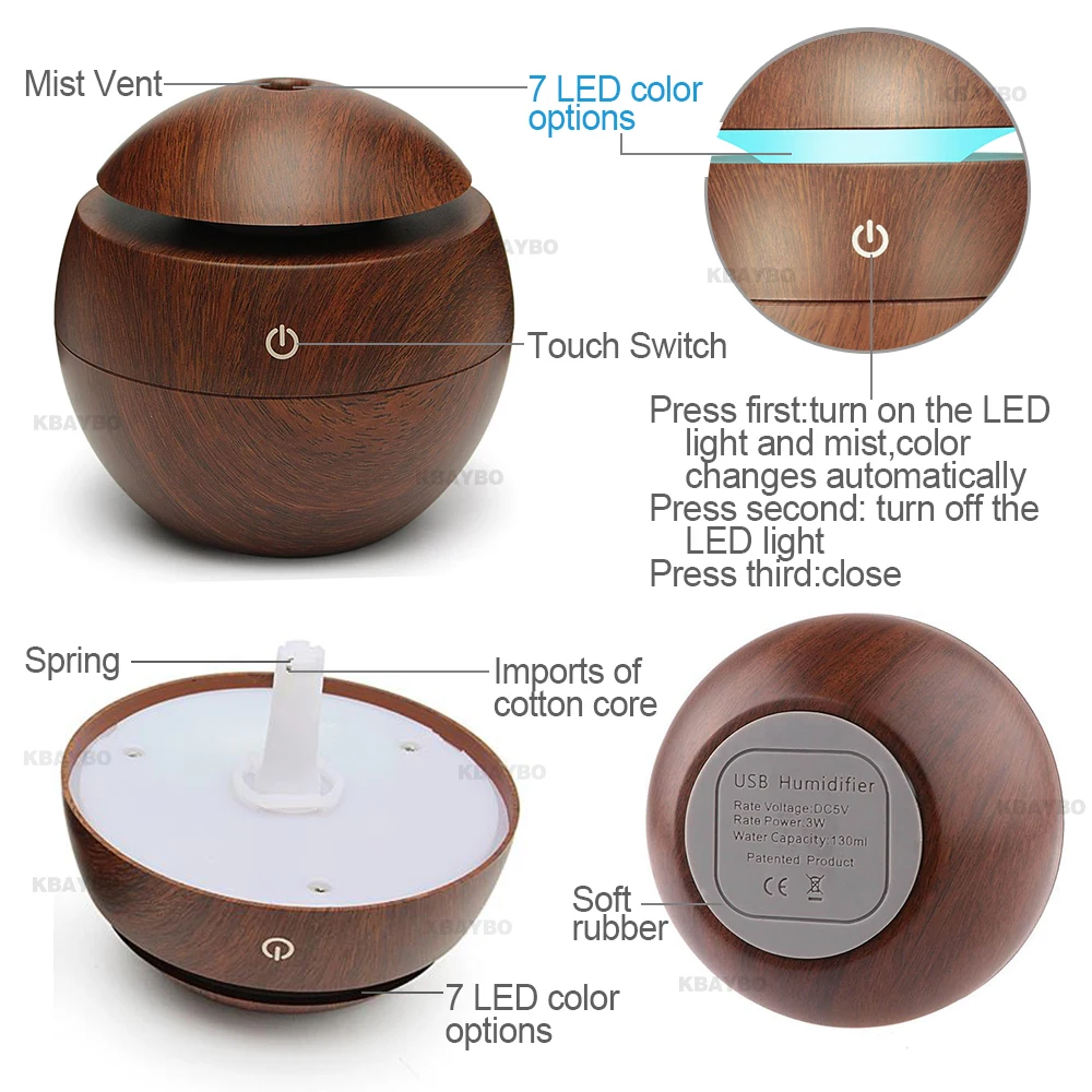  Mini Ultrasonic Air Humidifier USB Aroma Diffuser Wood Grain LED Night Light Electric Essential Oil