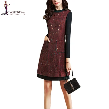

Women Dresses 2018 Autumn New Fashion Round Neck Knitted Splicing was thin Dress Elegant Woolen High waist Slim Dress FASHION102