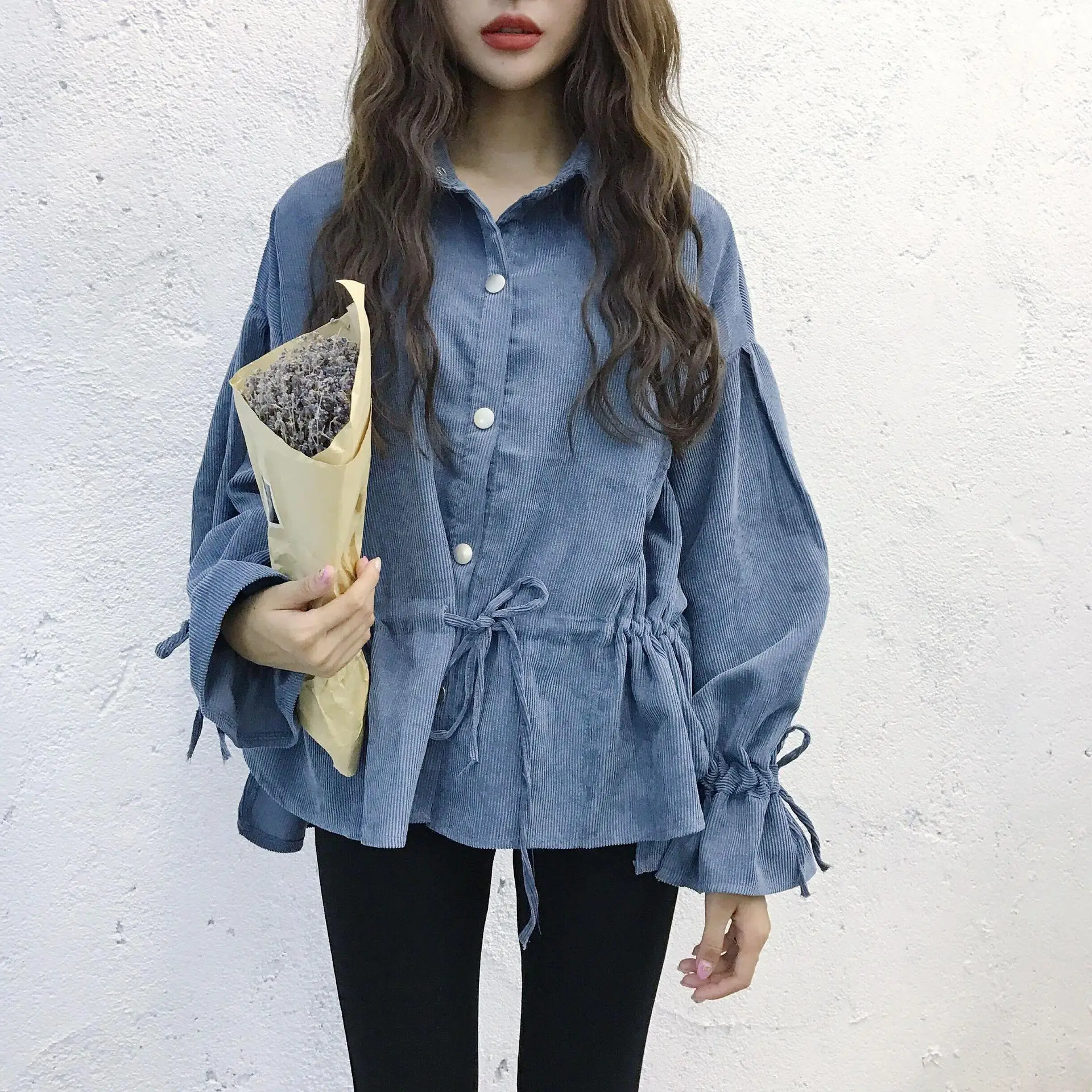 SWYIVY Woman Shirts Loose Blue Corduroy Autumn 2018 Female Casual Bloused Cotton Comfortable Girl Clothing Woman Shirts Petal
