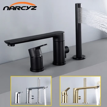 

Bathroom Fauct Black/Chrome split bathtub faucet three four holes Hot and Cold faucet set with Portable shower Faucet XR8247