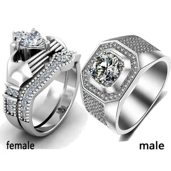 

choucong Trendy Jewelry His and Hers Titanium Stainless Steel 10KT White Gold Filled CZ Bridal Matching Wedding Couple Ring Set