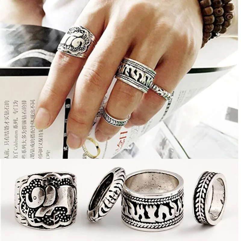 4Pcs Silver Punk Vintage Elephant Ring Set Women Retro Finger Rings Boho Stf TB 4Pcs Silver Punk Vintage Elephant Ring Set Women Retro Finger Rings Boho Stf TB