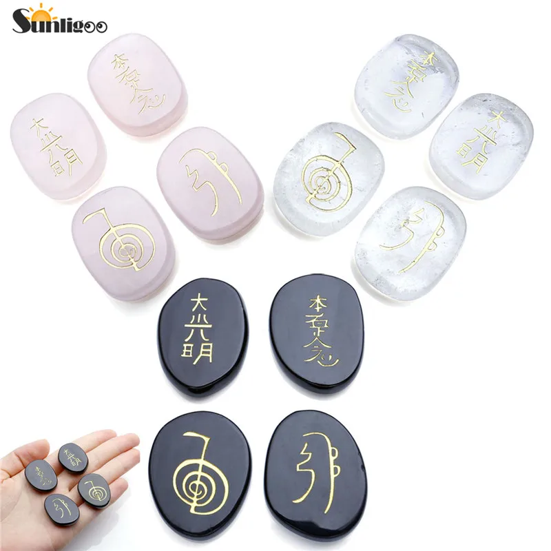 

20mmx25mm Engraved Usui Reiki Symbols Chakra Stones Healing Palm Stone Natural Black Agate Rose Rock Quartz Crystal Gift Box