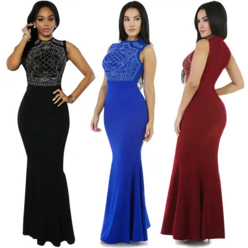 

2019 Sexy Women's Long Fitted Beading Sleeveless Mermaid Evening Gown Dress Fashion Formal Elegante Party Dresses Solid Sundress