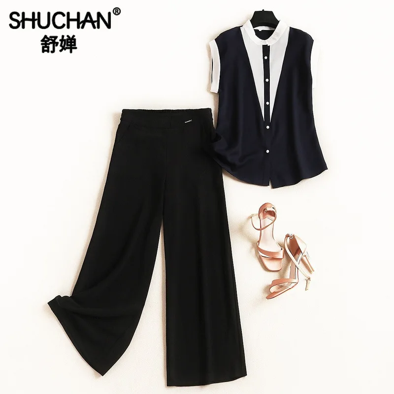 

Shuchan Women's Summer Set Single Breasted Tops+ Elastic Waist Ankle-Length Pants Womens Two Piece Sets 2019 navy blue 51446
