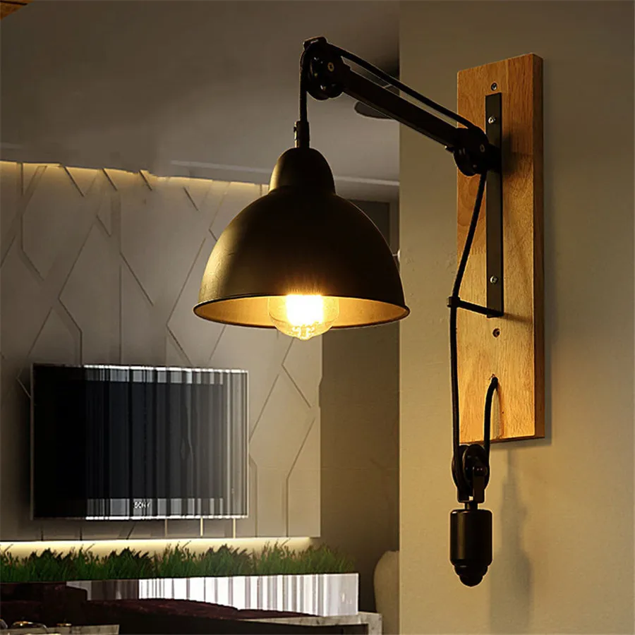 

BEIAIDI Loft American Retro Industrial Iron Bedside Wall Lamp Wood Restaurant Aisle Corridor Pub Cafe Lifting Pulley Wall Light