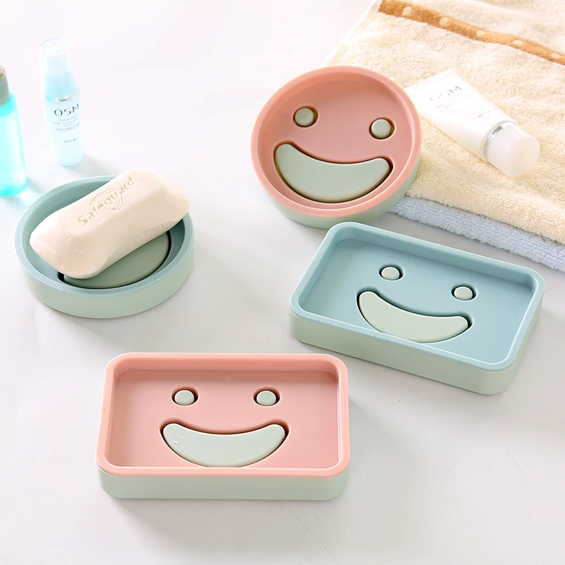 

Cartoon Smile Face Pattern Soap Dish Durable Bathroom Soap Holder Scented Soap Box Drain Function with Round or Rectangle Sizes