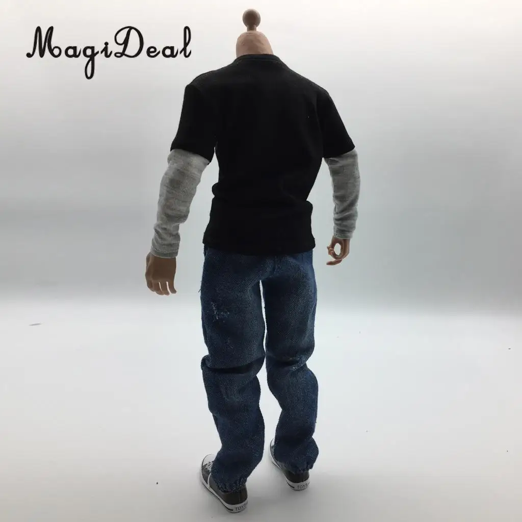 MagiDeal Cloth 1/6 Scale Mens Clothes Dark Gray Long T-shirt Denim Jeans Canvas Shoes Set for 12 Inch Male Action Figures Body