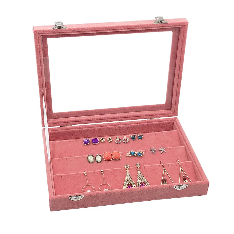 Розовый бархат коробка для хранения ювелирных изделий со стеклянной крышкой серьги ожерелье браслет кольцо лоток для хранения и дисплей реквизит 28*20*5 см - Цвет: EARRING BOX