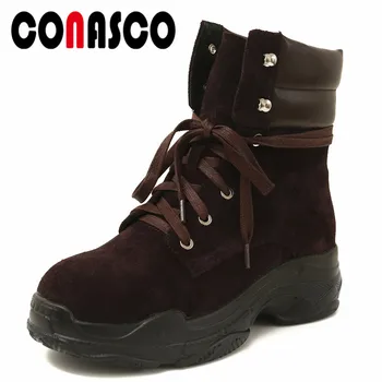

CONASCO Fashion Women Cow Suede Ankle Boots Platforms Warm Autumn Winter Martin Shoes Woman Lace Up Short Basic Motorcycle Boots