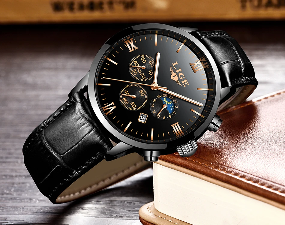 LIGE Mens Watches Top Brand Luxury Fashion Watch Men Leather Quartz Clock For Male Auto Date Rose Gold Shell relogio masculino